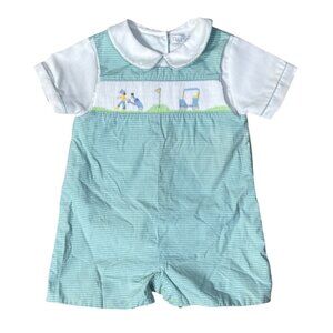 Petit Ami Baby Boy Romper Golf Smocking Size 12 Months Green Gingham Cotton
